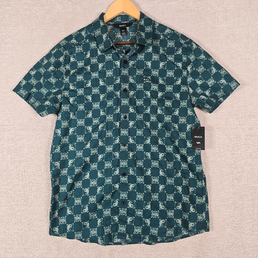RVCA Kimura SS Mens Sz M Ocean Teal Yin Yang Graphic Cotton Button Up Shirt NEW